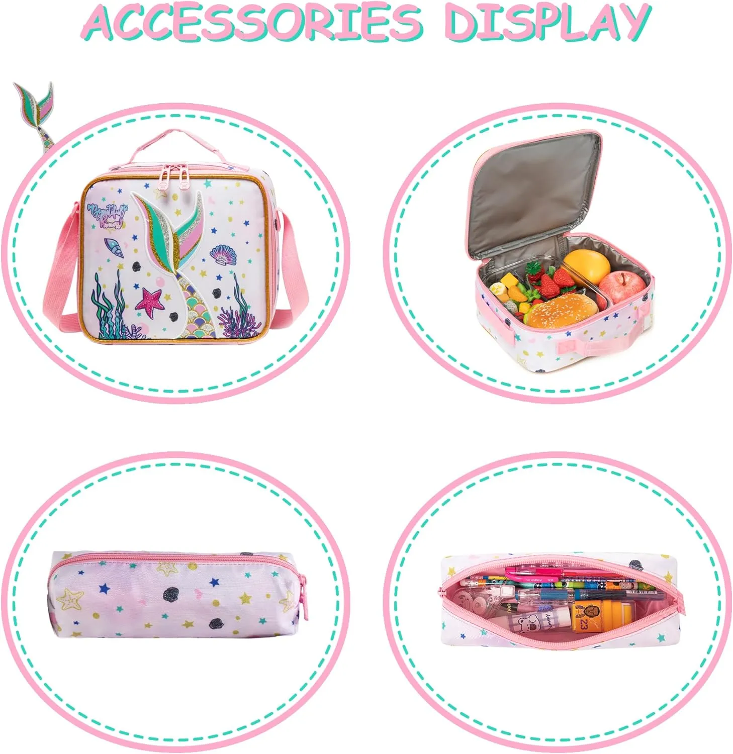 Mermaid Backpack for Girls Travel Toddler Backpacks for Kids Cute Backpack for School Elementary Primary Students Kids Backpacks for Girls with Lunch Bag Pencil Case