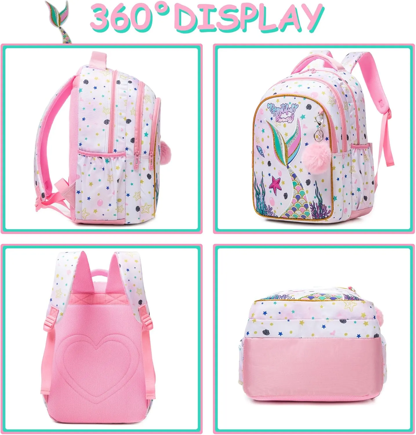 Mermaid Backpack for Girls Travel Toddler Backpacks for Kids Cute Backpack for School Elementary Primary Students Kids Backpacks for Girls with Lunch Bag Pencil Case