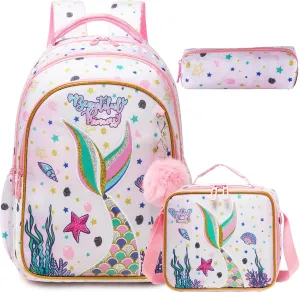 Mermaid Backpack for Girls Travel Toddler Backpacks for Kids Cute Backpack for School Elementary Primary Students Kids Backpacks for Girls with Lunch Bag Pencil Case