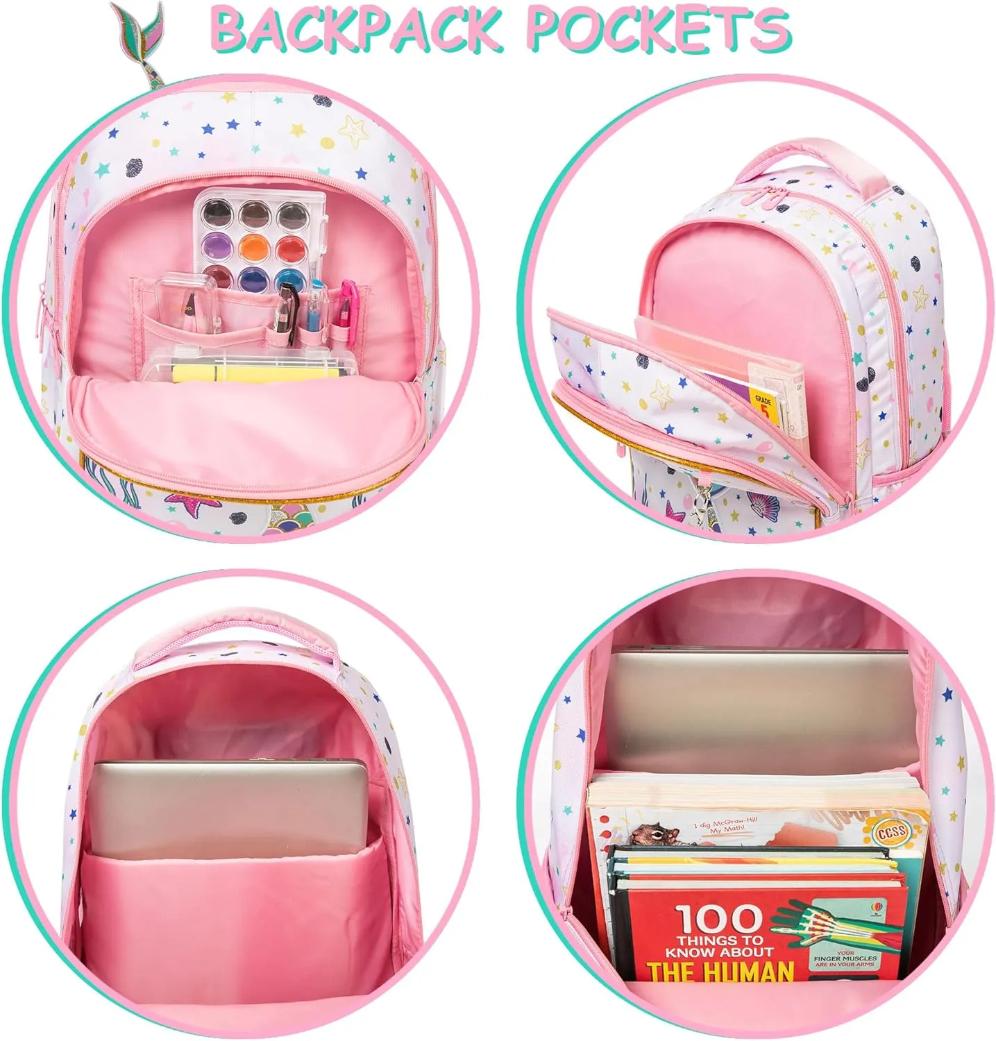 Mermaid Backpack for Girls Travel Toddler Backpacks for Kids Cute Backpack for School Elementary Primary Students Kids Backpacks for Girls with Lunch Bag Pencil Case