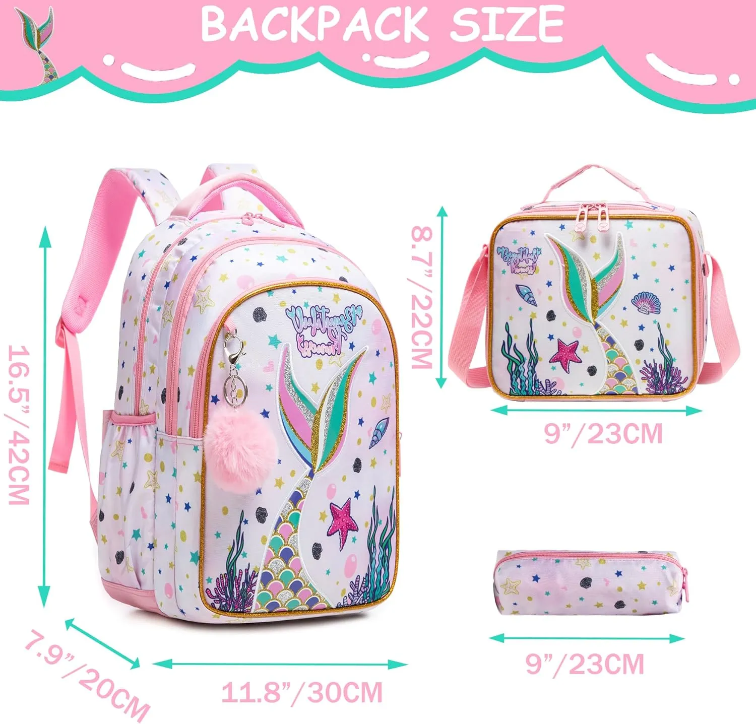 Mermaid Backpack for Girls Travel Toddler Backpacks for Kids Cute Backpack for School Elementary Primary Students Kids Backpacks for Girls with Lunch Bag Pencil Case