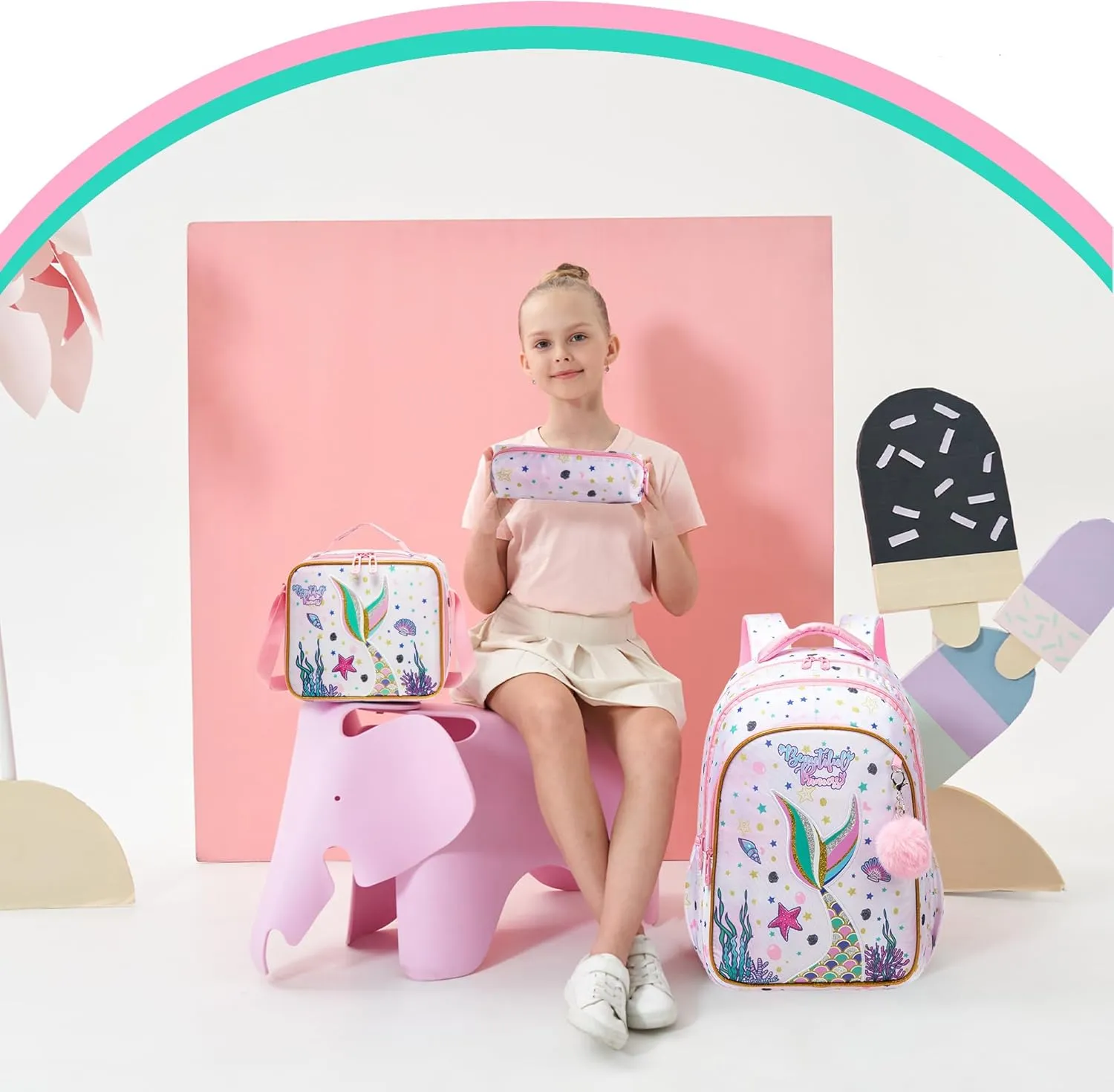 Mermaid Backpack for Girls Travel Toddler Backpacks for Kids Cute Backpack for School Elementary Primary Students Kids Backpacks for Girls with Lunch Bag Pencil Case
