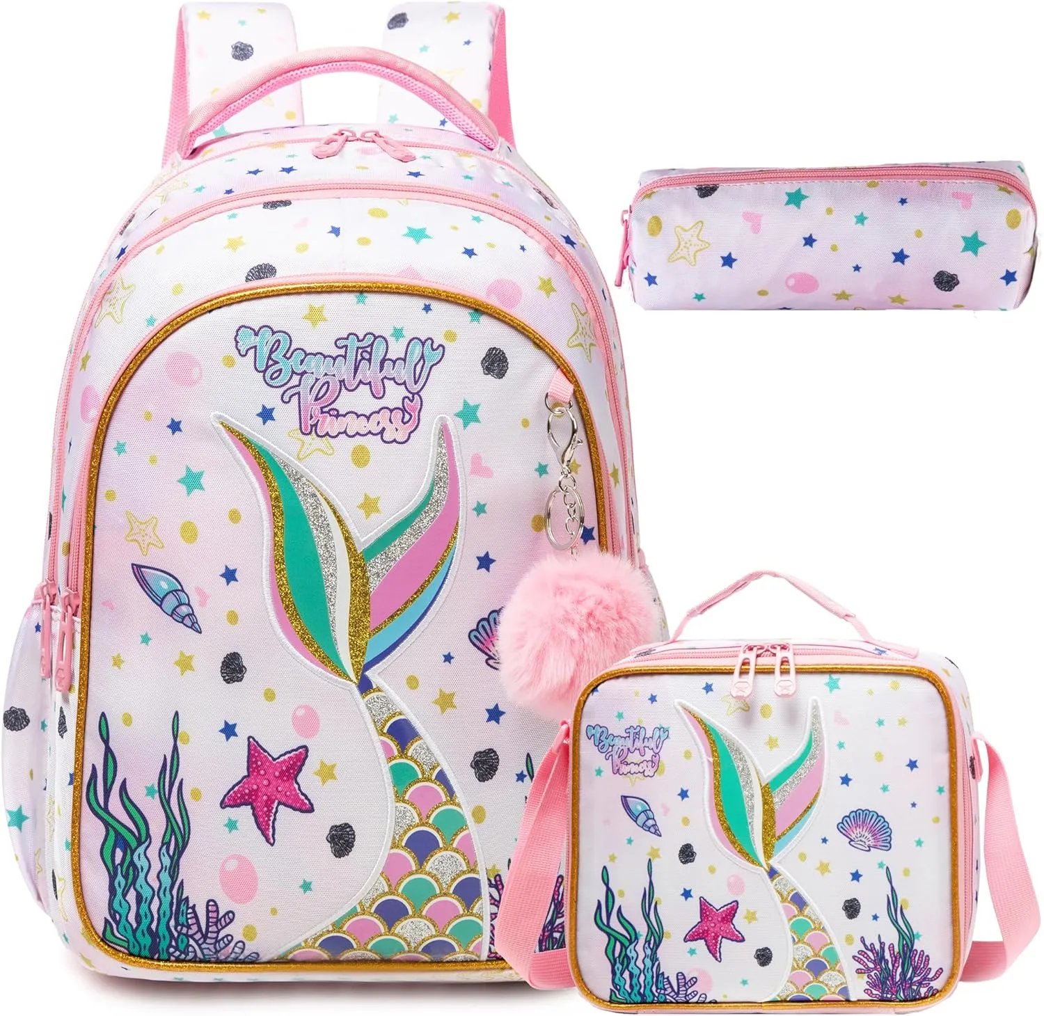 Mermaid Backpack for Girls Travel Toddler Backpacks for Kids Cute Backpack for School Elementary Primary Students Kids Backpacks for Girls with Lunch Bag Pencil Case