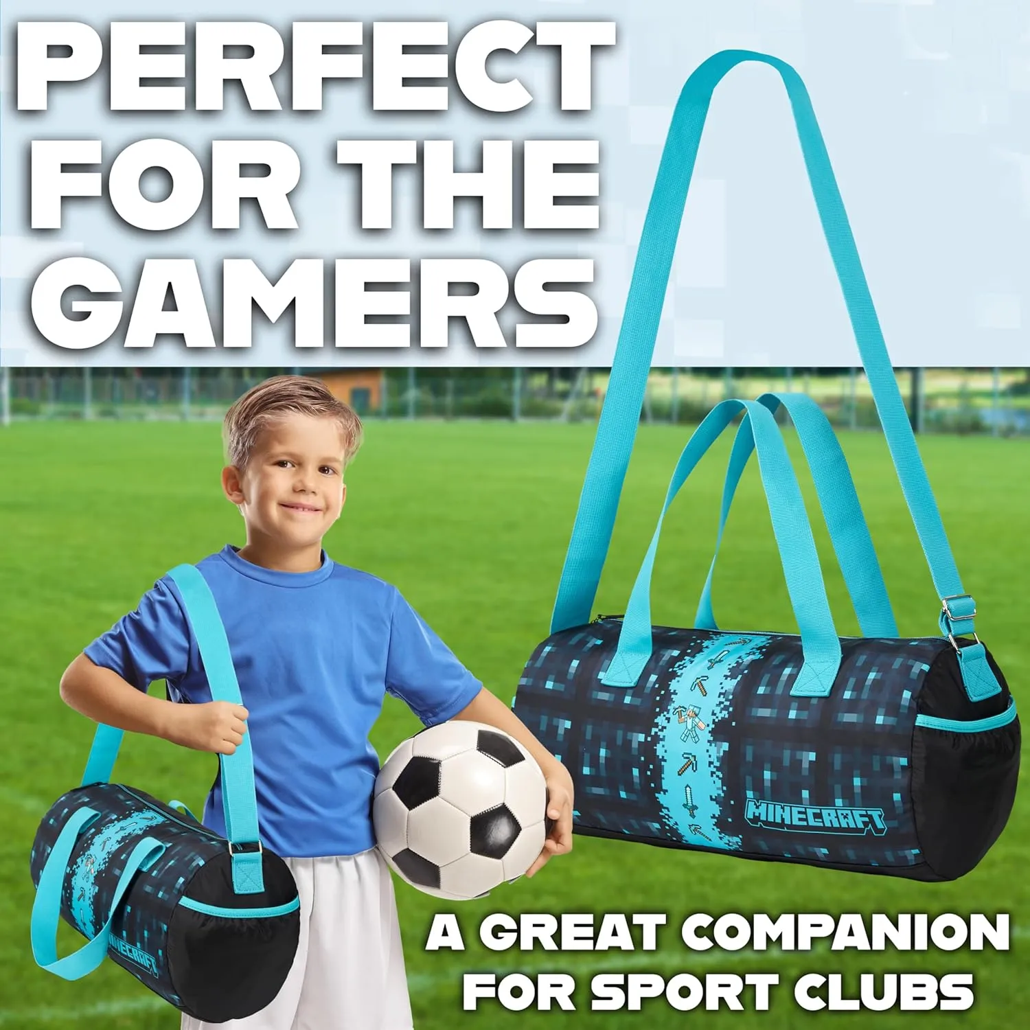 Minecraft Gym Bag for Kids Teens Duffle Bag Travel Overnight Sports Creeper Weekender Bag Carry On Holdall (Blue, 16.14x7.08x7.48inches)