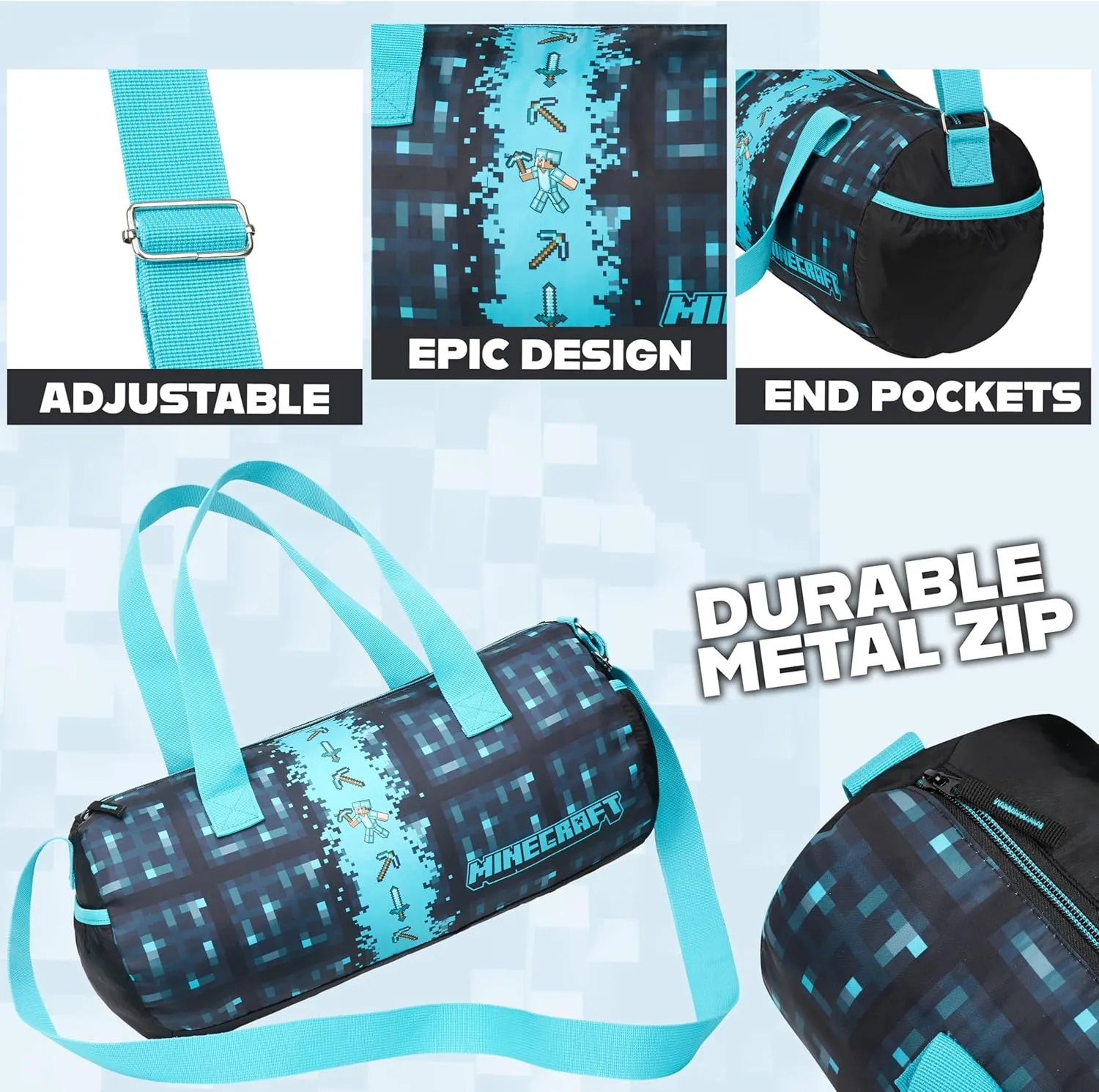 Minecraft Gym Bag for Kids Teens Duffle Bag Travel Overnight Sports Creeper Weekender Bag Carry On Holdall (Blue, 16.14x7.08x7.48inches)