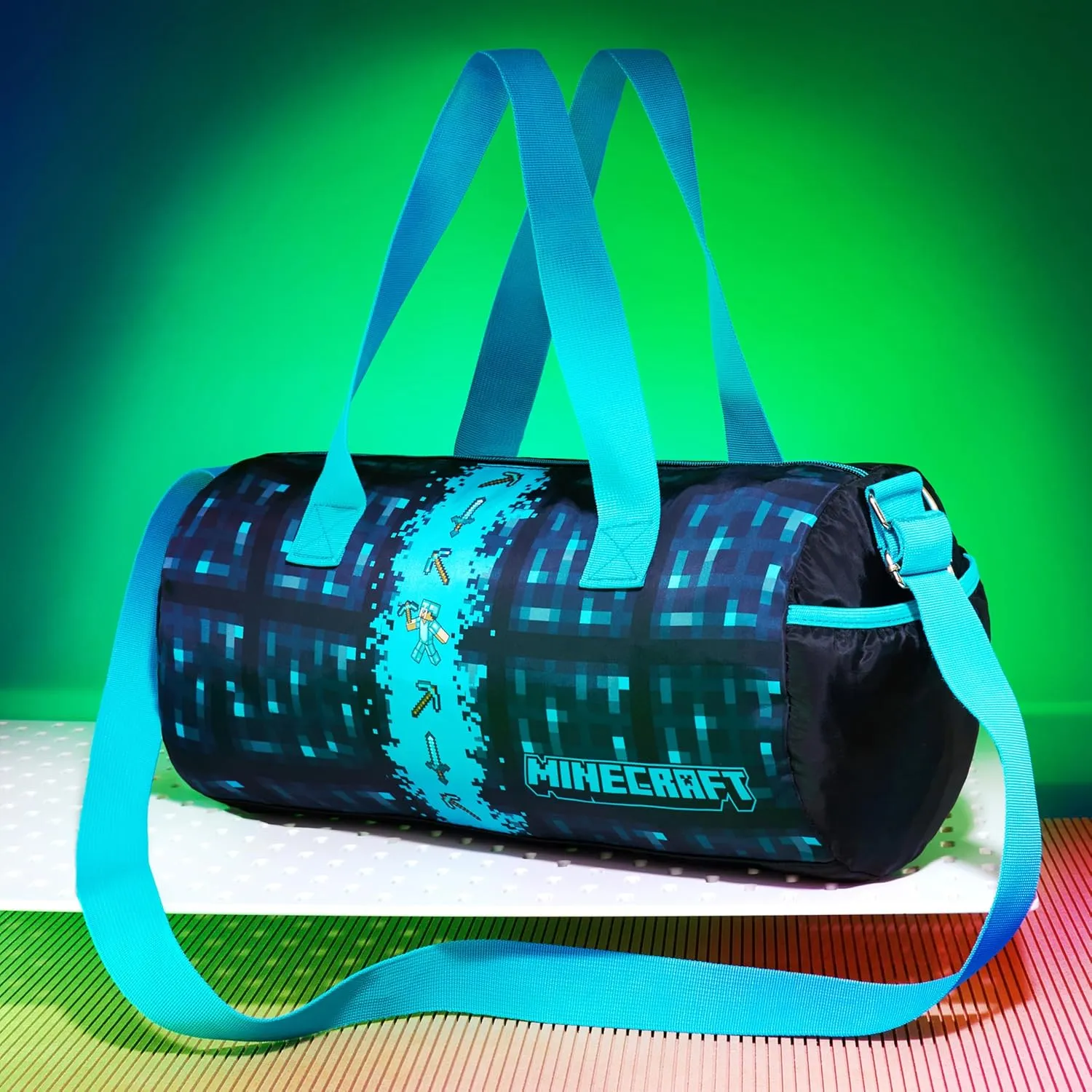 Minecraft Gym Bag for Kids Teens Duffle Bag Travel Overnight Sports Creeper Weekender Bag Carry On Holdall (Blue, 16.14x7.08x7.48inches)