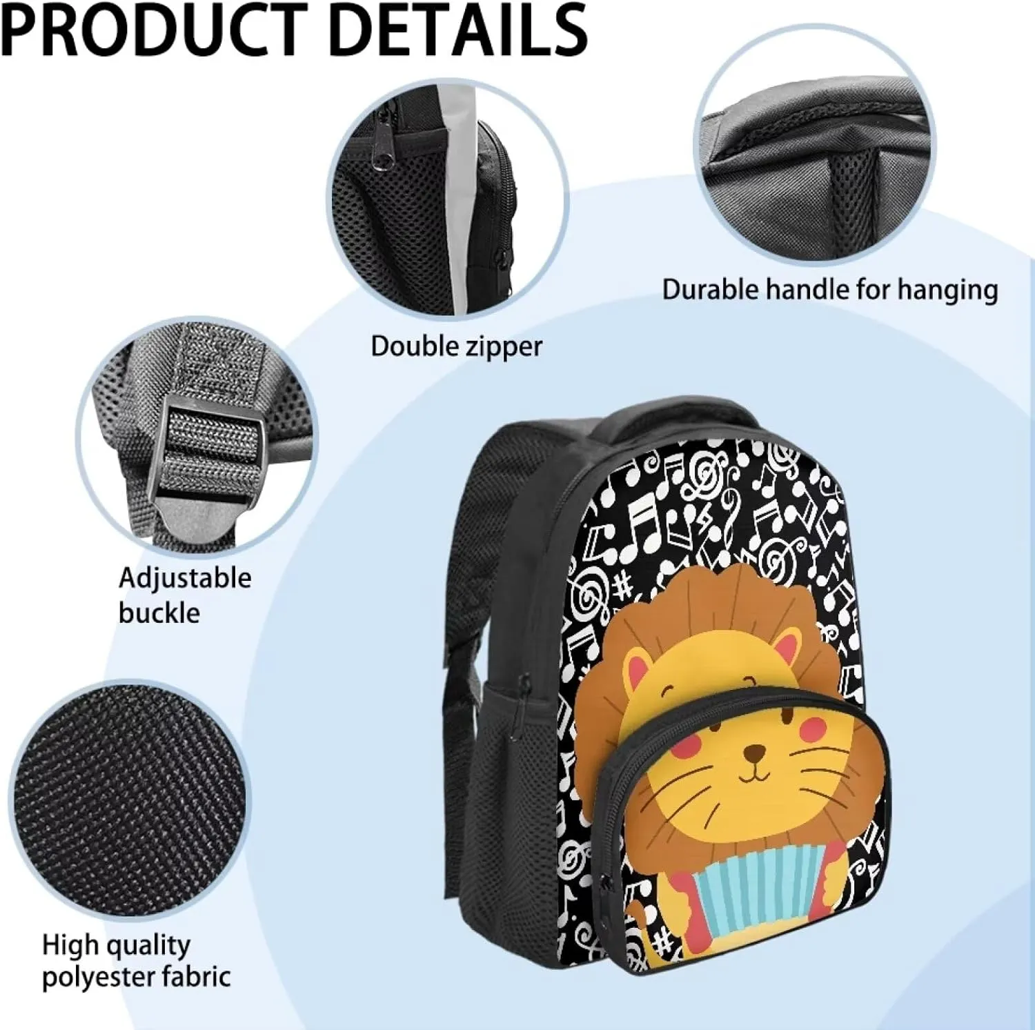 Mini 12 inch Kindergarten Elementary Kids Backpack for Boys Girls Large Capacity Schoolbag Toddler Bag Stain Resistant Shoulder Bag Handbag Preschool Bookbag for 3-8, Music Note Lion