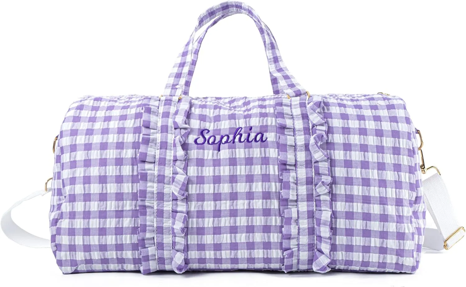 MT WORLD Girls Duffle Bag Personalized Kids Overnight Duffle with Name - Seersucker Plaid Travel Bag for Weekend Trips Sleepover Dance - Custom Child Gifts for Birthday(Purple)