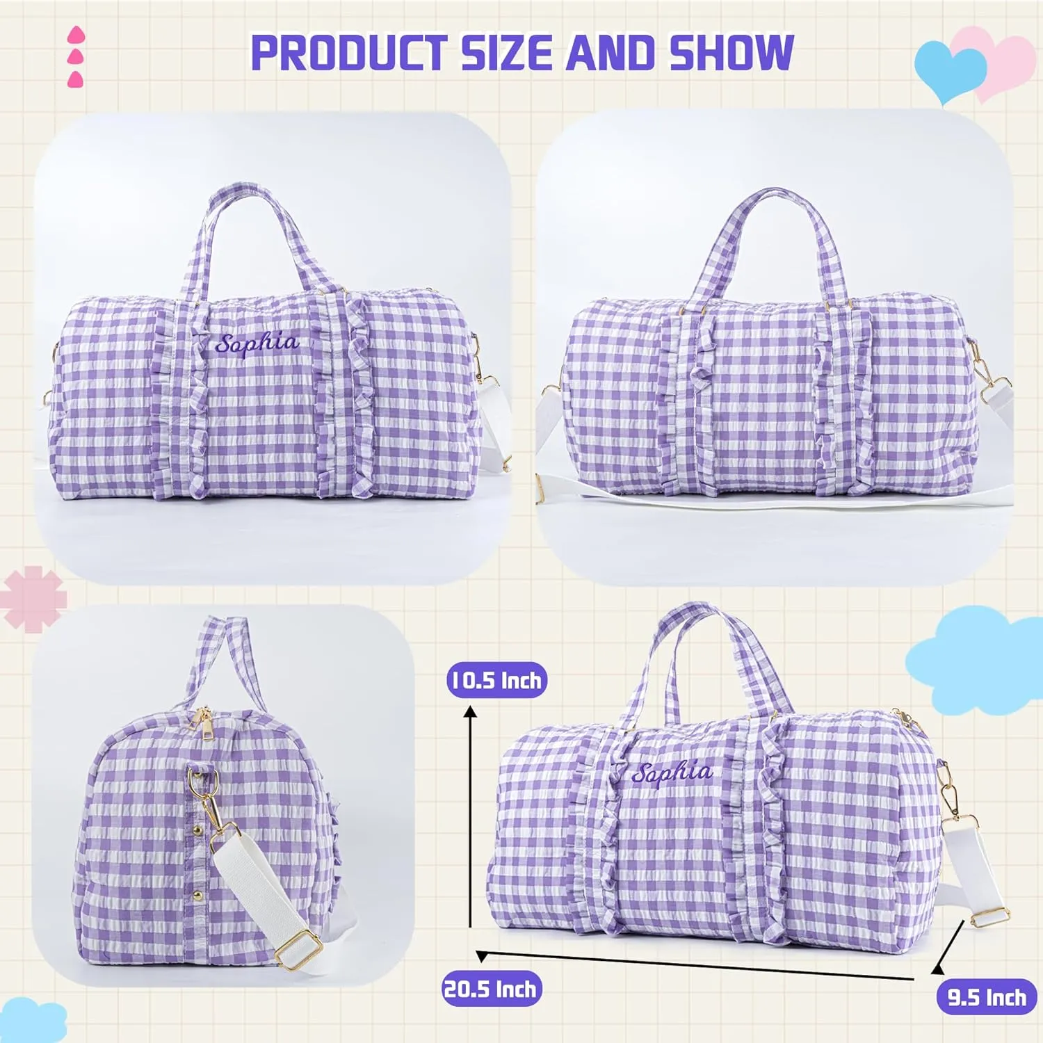 MT WORLD Girls Duffle Bag Personalized Kids Overnight Duffle with Name - Seersucker Plaid Travel Bag for Weekend Trips Sleepover Dance - Custom Child Gifts for Birthday(Purple)