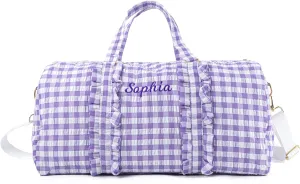 MT WORLD Girls Duffle Bag Personalized Kids Overnight Duffle with Name - Seersucker Plaid Travel Bag for Weekend Trips Sleepover Dance - Custom Child Gifts for Birthday(Purple)
