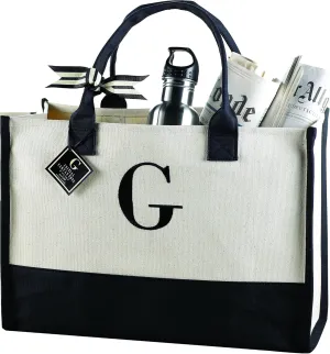 Mud Pie Classic Black and White Initial Canvas Tote Bags (A), 100% Cotton, 17" x 19" x 2"