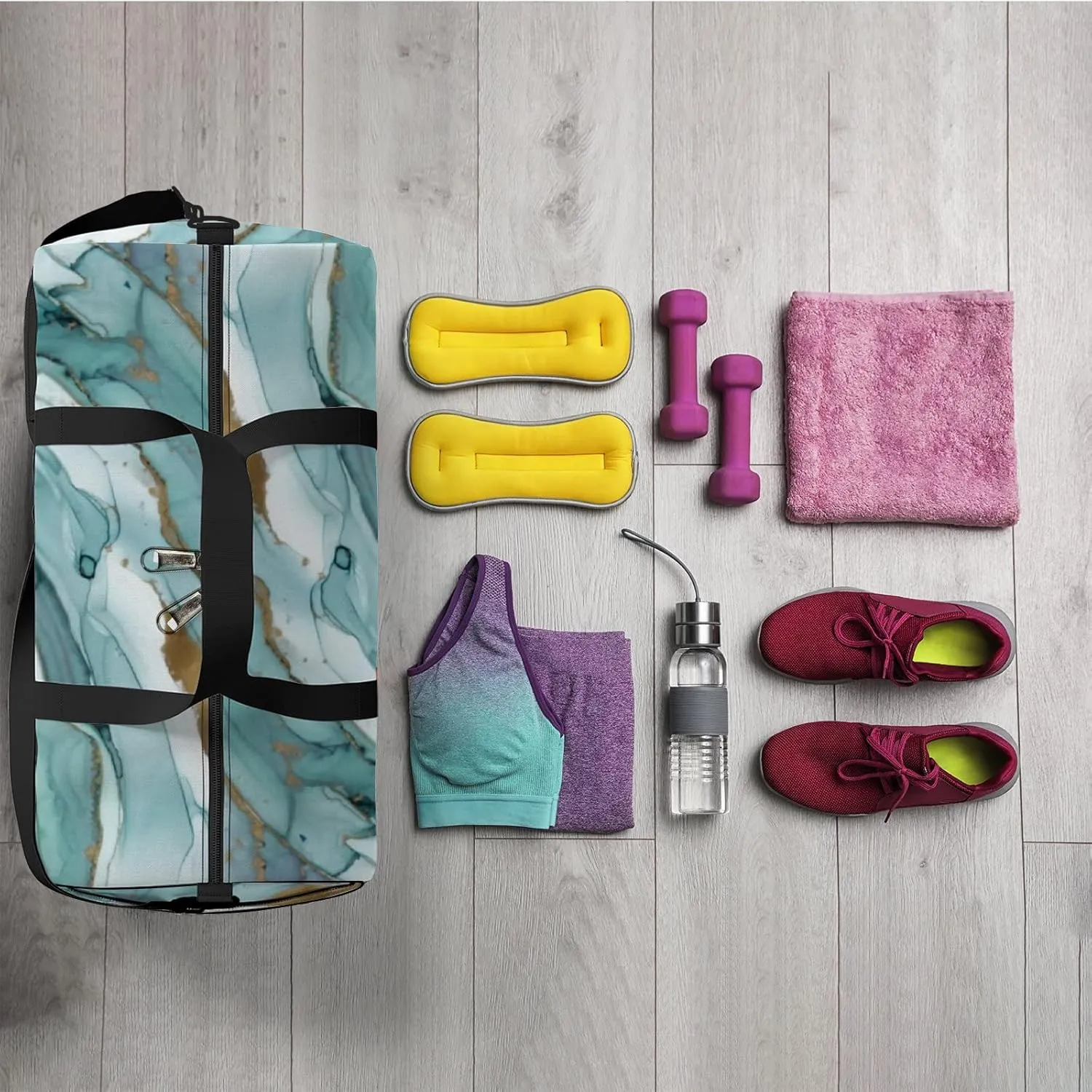 Natural Luxury Abstract Fluid Art Painting Sports Duffel Bag Travel Gym Tote Bags Lightweight Durable Shoulder Strap Waterproof Polyester Outside Mesh Pocket Overnight Trip Duffel Bag for Women Men