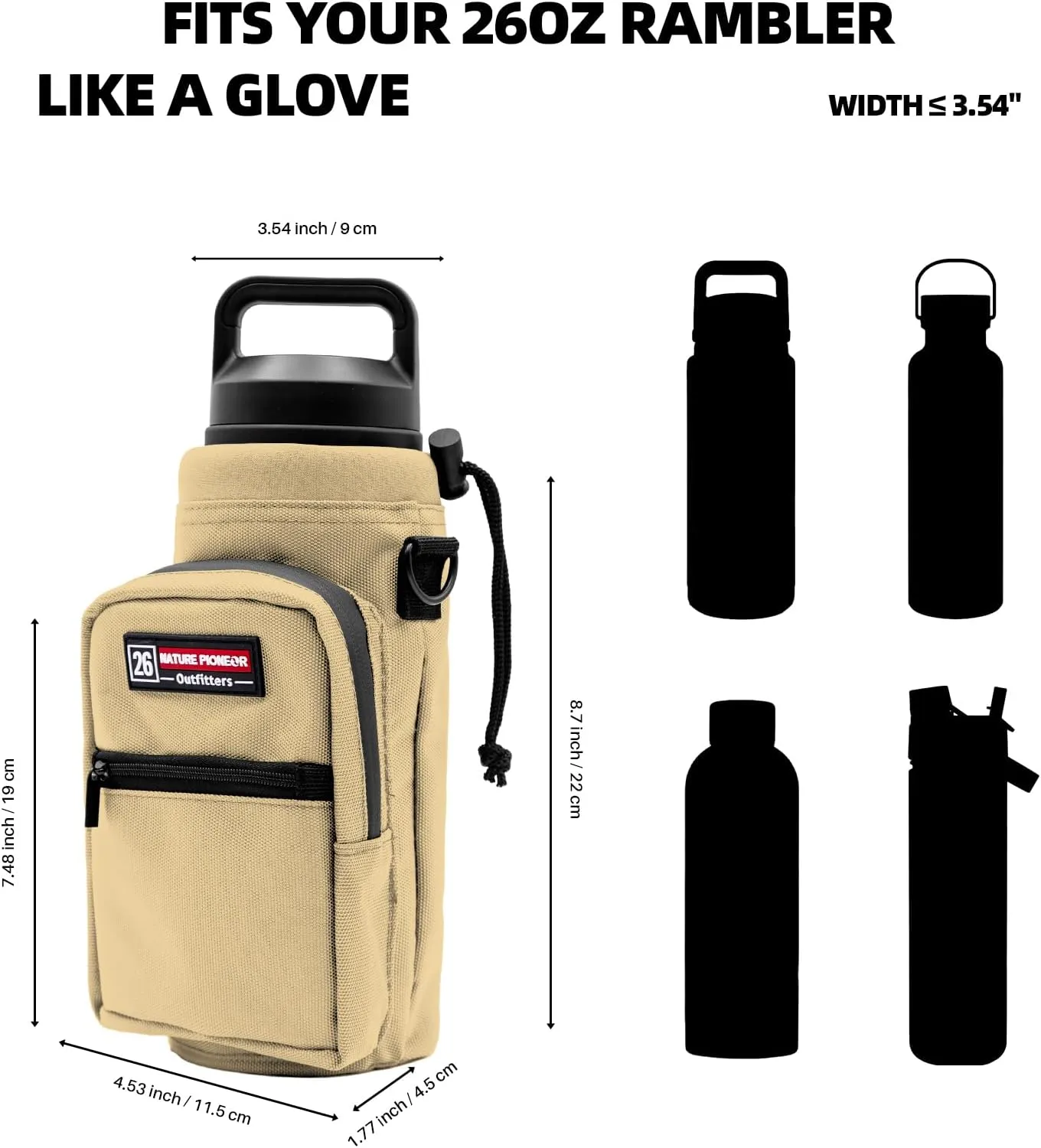 NATURE PIONEOR Water Bottle Carrier with Adjustable Strap - Insulated Sleeve Pouch Water Bottle Holder Bag with Paracord Handle & 2 Storage Pockets for 18/24/25/26/32/36/40/46oz, Hiking, Camping, Gym