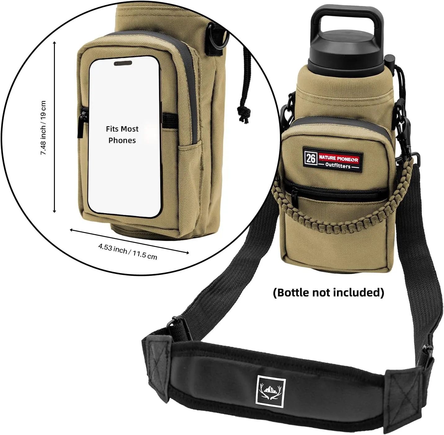 NATURE PIONEOR Water Bottle Carrier with Adjustable Strap - Insulated Sleeve Pouch Water Bottle Holder Bag with Paracord Handle & 2 Storage Pockets for 18/24/25/26/32/36/40/46oz, Hiking, Camping, Gym