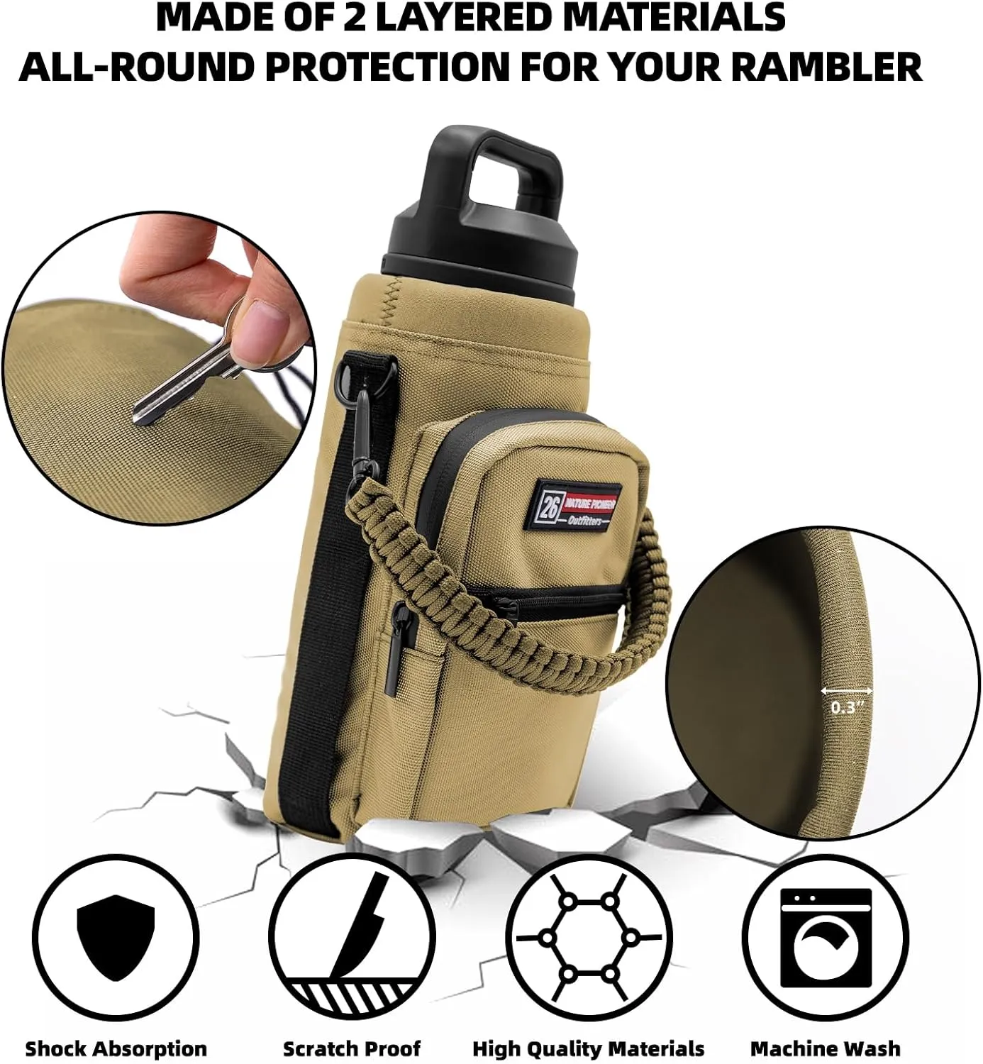 NATURE PIONEOR Water Bottle Carrier with Adjustable Strap - Insulated Sleeve Pouch Water Bottle Holder Bag with Paracord Handle & 2 Storage Pockets for 18/24/25/26/32/36/40/46oz, Hiking, Camping, Gym