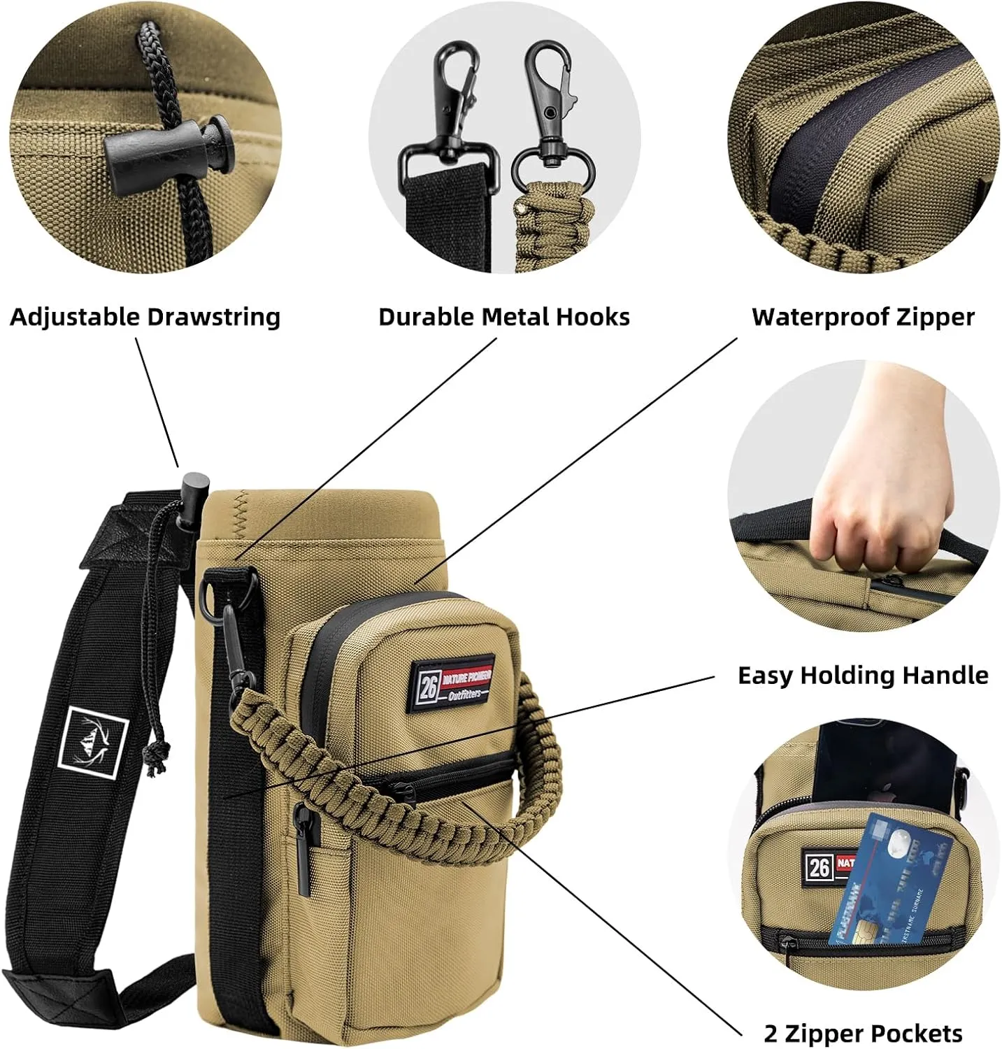 NATURE PIONEOR Water Bottle Carrier with Adjustable Strap - Insulated Sleeve Pouch Water Bottle Holder Bag with Paracord Handle & 2 Storage Pockets for 18/24/25/26/32/36/40/46oz, Hiking, Camping, Gym