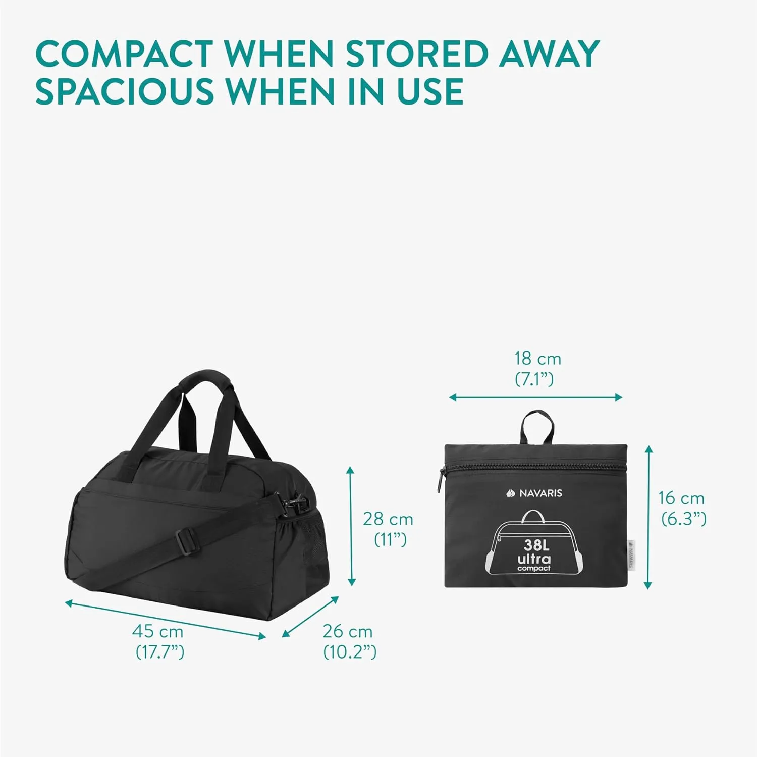 Navaris Travel Bag - Weekend Foldable Holdall - Airline Cabin & Underseat Luggage - Durable & Lightweight - Large Duffle Bags with Pockets & Adjustable Strap - 38L Capacity, Black