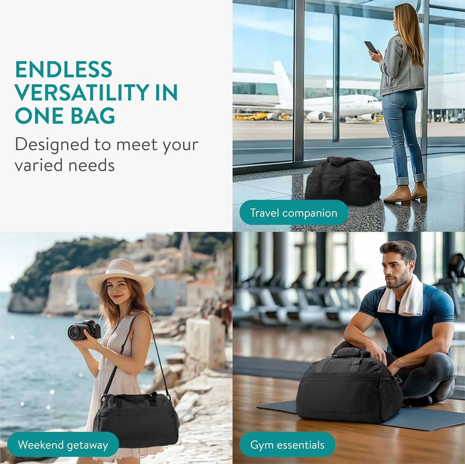 Navaris Travel Bag - Weekend Foldable Holdall - Airline Cabin & Underseat Luggage - Durable & Lightweight - Large Duffle Bags with Pockets & Adjustable Strap - 38L Capacity, Black