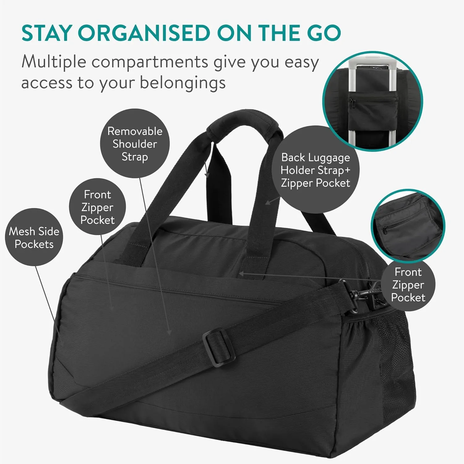 Navaris Travel Bag - Weekend Foldable Holdall - Airline Cabin & Underseat Luggage - Durable & Lightweight - Large Duffle Bags with Pockets & Adjustable Strap - 38L Capacity, Black