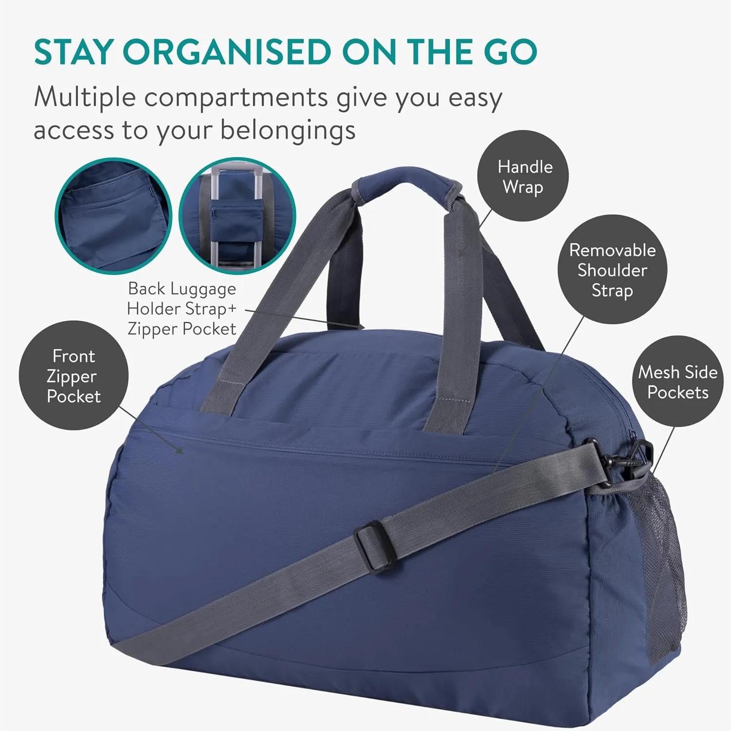 Navaris Travel Bag - Weekend Foldable Holdall - Airline Cabin & Underseat Luggage - Durable & Lightweight - Large Duffle Bags with Pockets & Adjustable Strap - 55L Capacity, Navy
