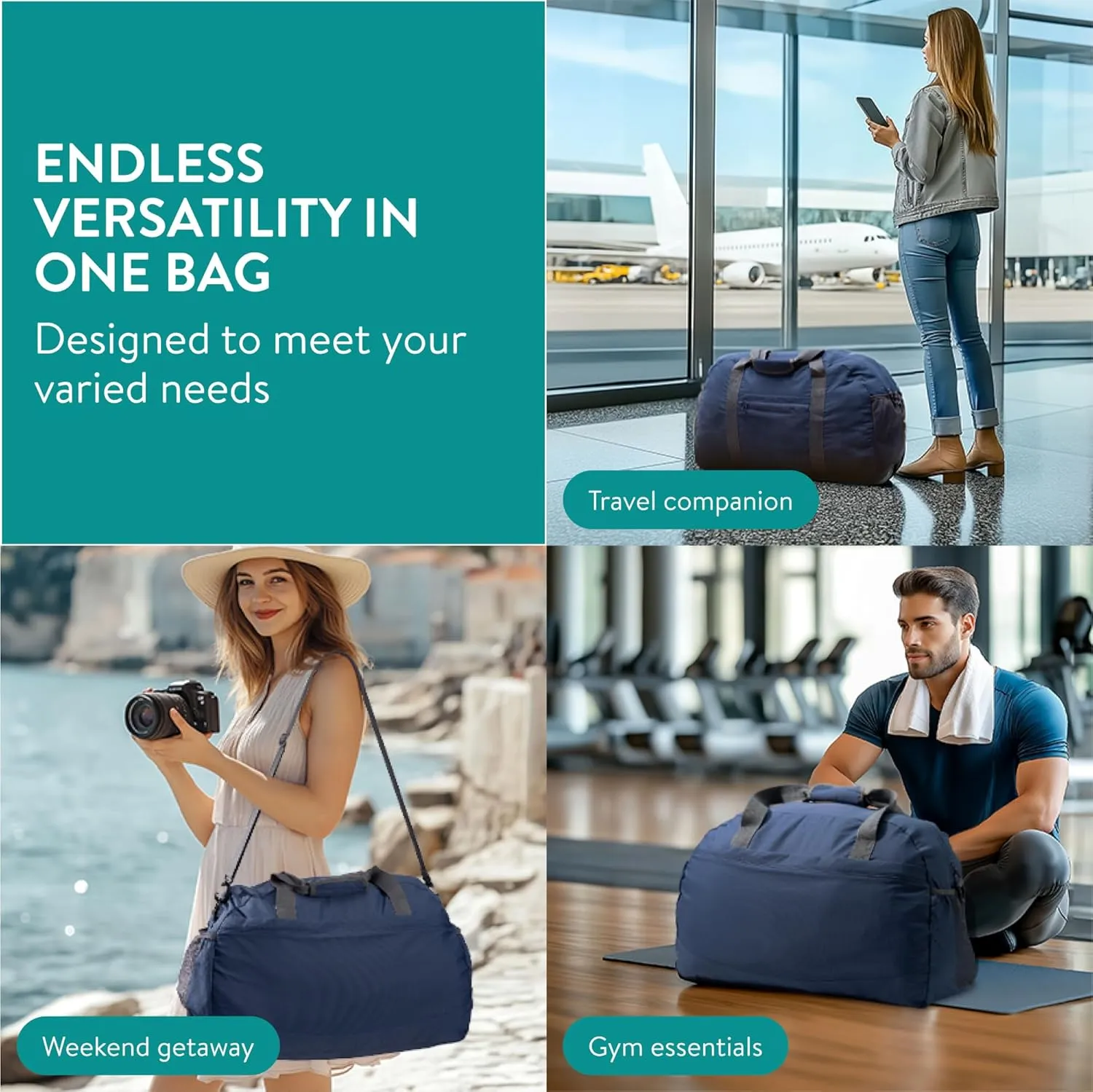 Navaris Travel Bag - Weekend Foldable Holdall - Airline Cabin & Underseat Luggage - Durable & Lightweight - Large Duffle Bags with Pockets & Adjustable Strap - 55L Capacity, Navy