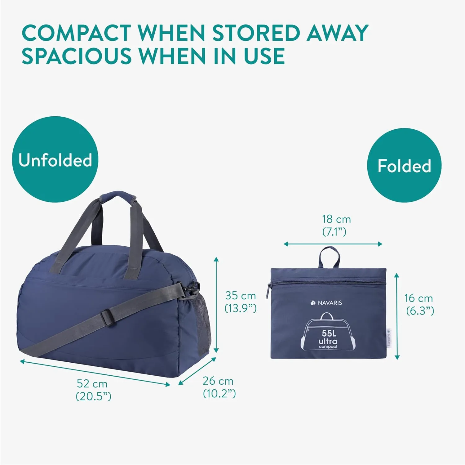 Navaris Travel Bag - Weekend Foldable Holdall - Airline Cabin & Underseat Luggage - Durable & Lightweight - Large Duffle Bags with Pockets & Adjustable Strap - 55L Capacity, Navy