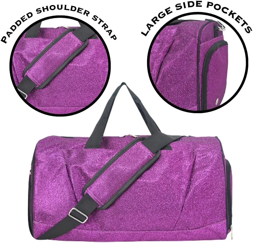 NGIL Glitter Cheers Sports Gym Duffel with Shoe Compartment and Small Carry On Travel Tote for Women, Cheer Bag (Glitter-Purple)