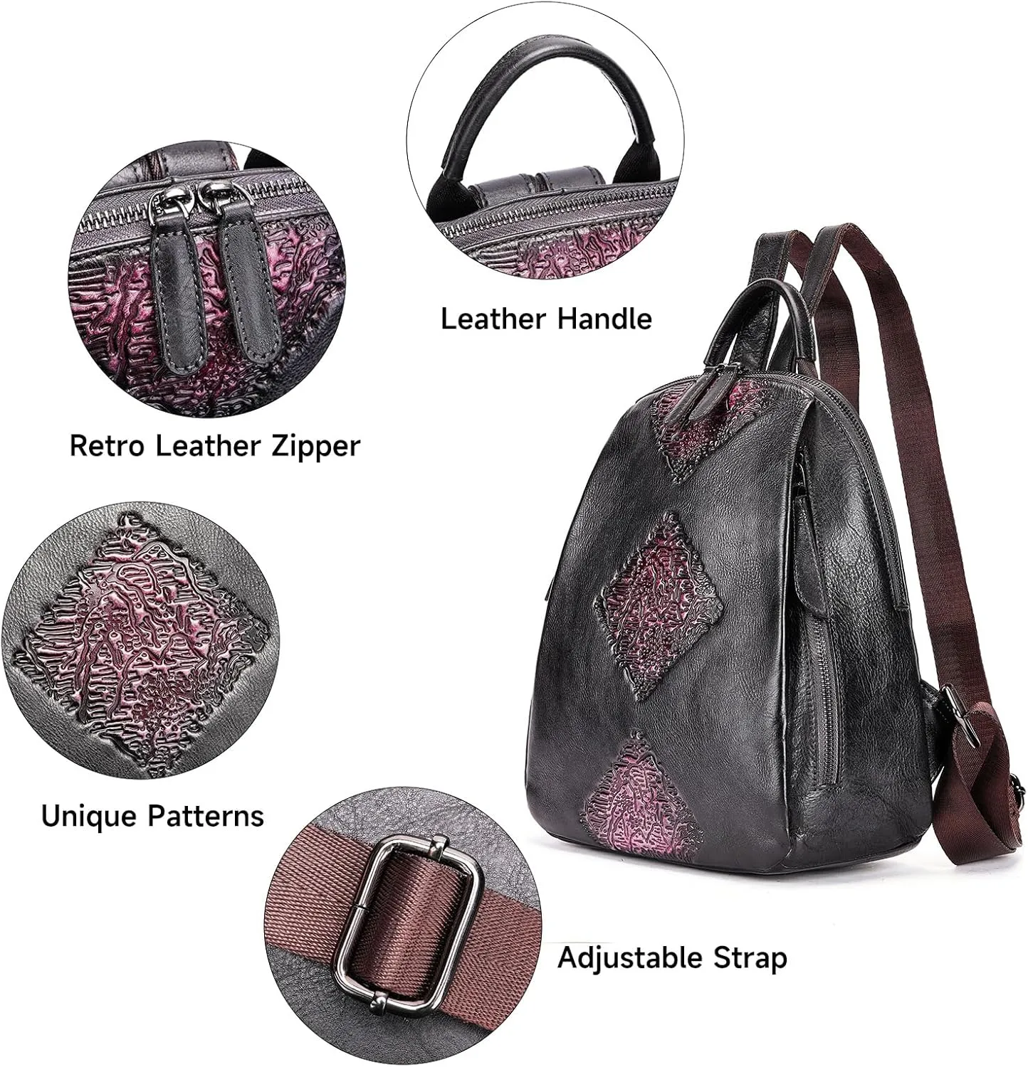 NIUCUNZH Handmade Leather Small Backpacks for Women Cute Floral Mini Backpack Purse Fashion Travel Bag Casual Daypack Black