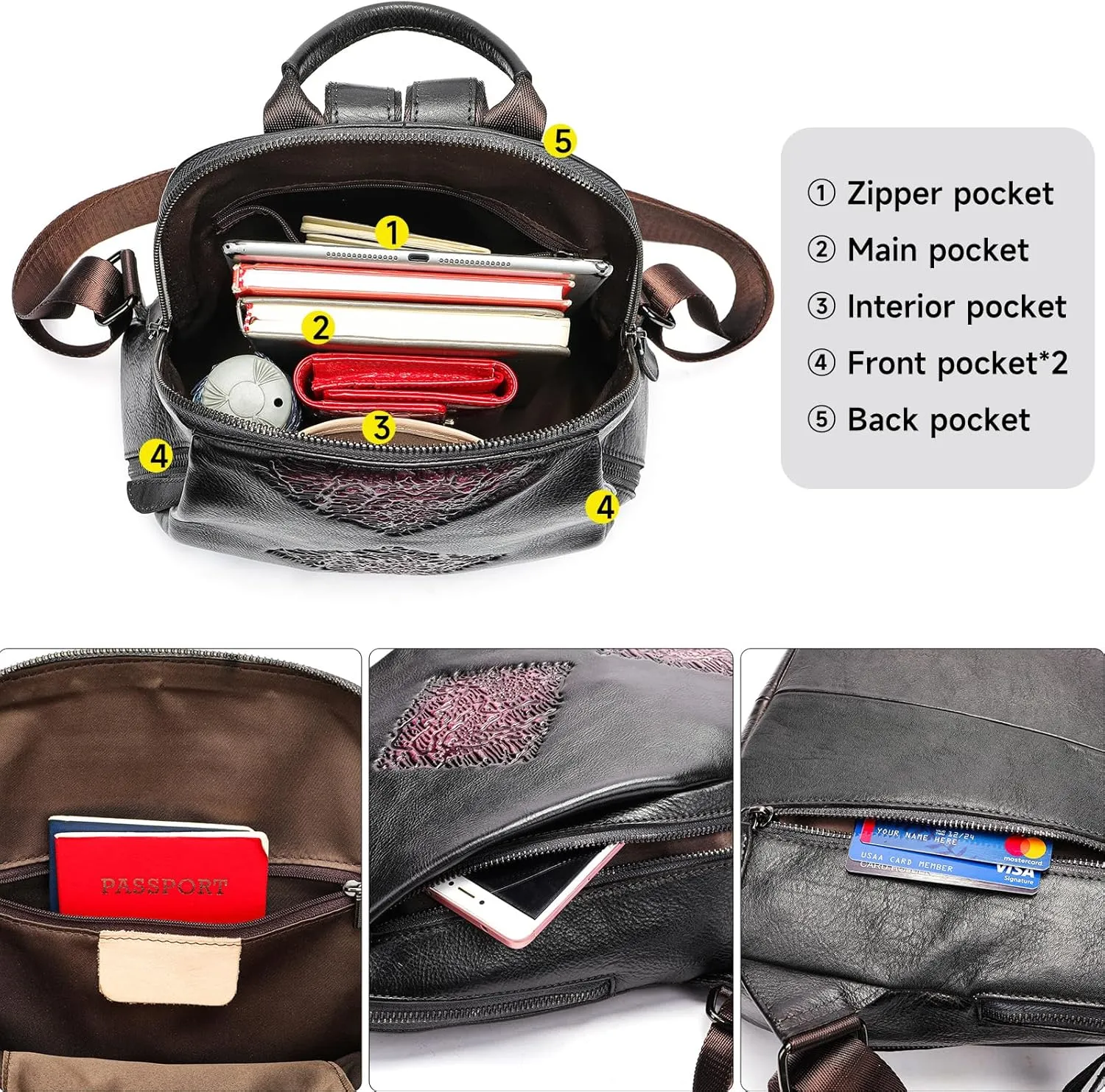 NIUCUNZH Handmade Leather Small Backpacks for Women Cute Floral Mini Backpack Purse Fashion Travel Bag Casual Daypack Black