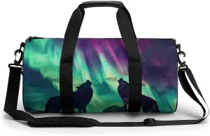 Northern Lights Wolf Gym Bag Cylindrical Sports Bag Travel Duffel Bag with Shoulder Strap