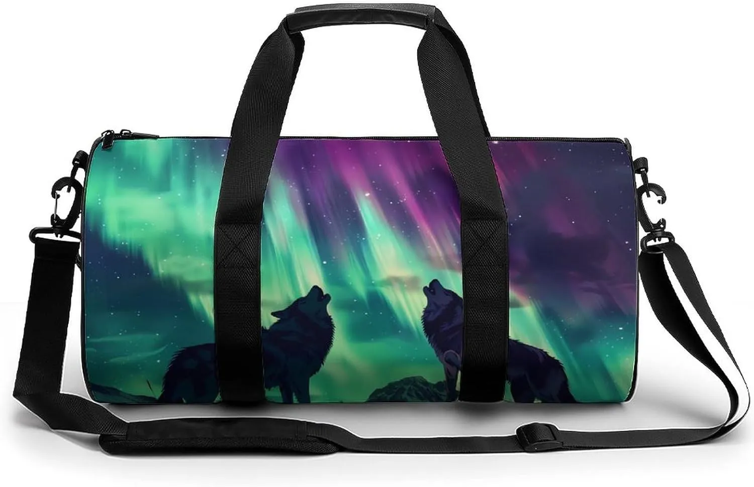 Northern Lights Wolf Gym Bag Cylindrical Sports Bag Travel Duffel Bag with Shoulder Strap
