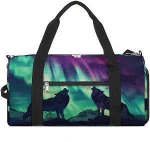Northern Lights Wolf Gym Bag for Women Men Lightweight Duffel Bag Travel Tote Bag Sports Bag with Shoulder Strap