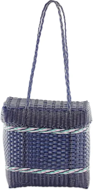 NOVICA Artisan Handwoven Shoulder Bag in Navy from Guatemala Recycled Plastic Handbags Blue Lunch Totes Stripedpatterned Eco Friendly ' Picnic Day'