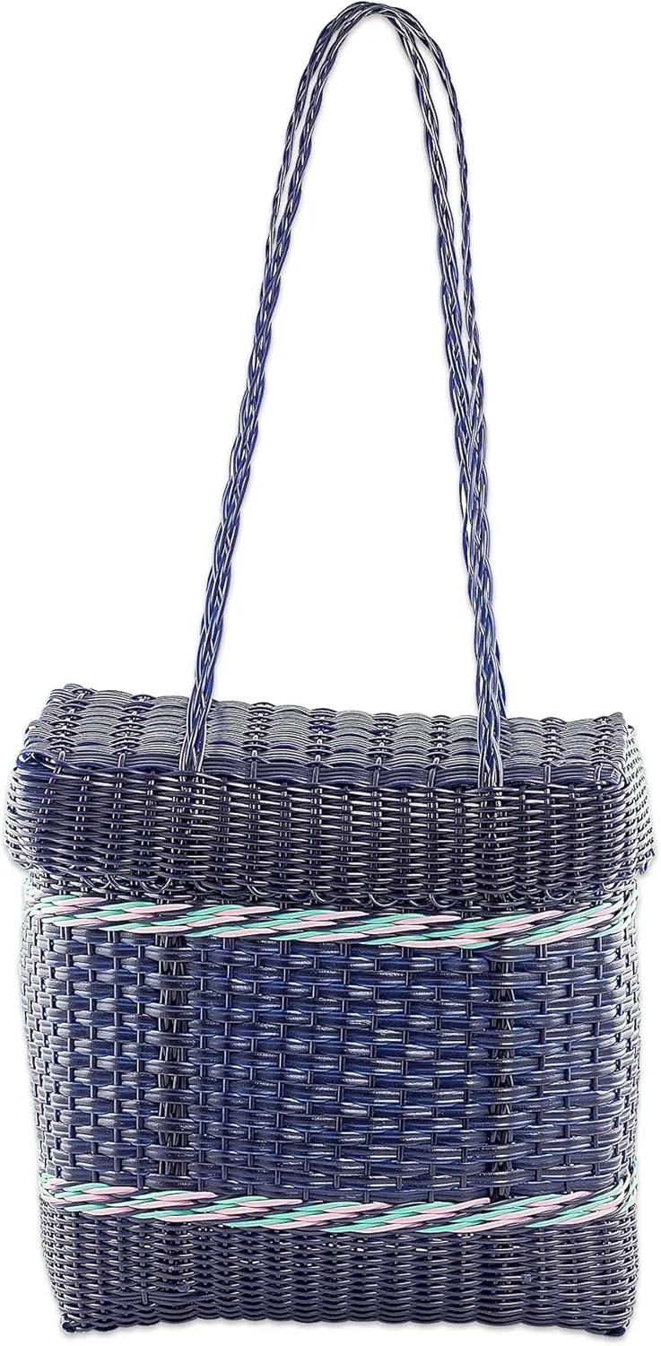 NOVICA Artisan Handwoven Shoulder Bag in Navy from Guatemala Recycled Plastic Handbags Blue Lunch Totes Stripedpatterned Eco Friendly ' Picnic Day'