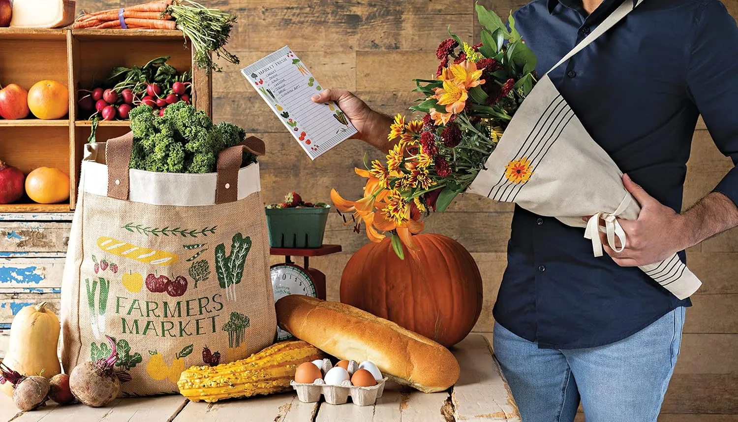Now Designs Farmers Market Reusable Shopping Tote, Laminated Lining, 13.5x17 x8.5 inch
