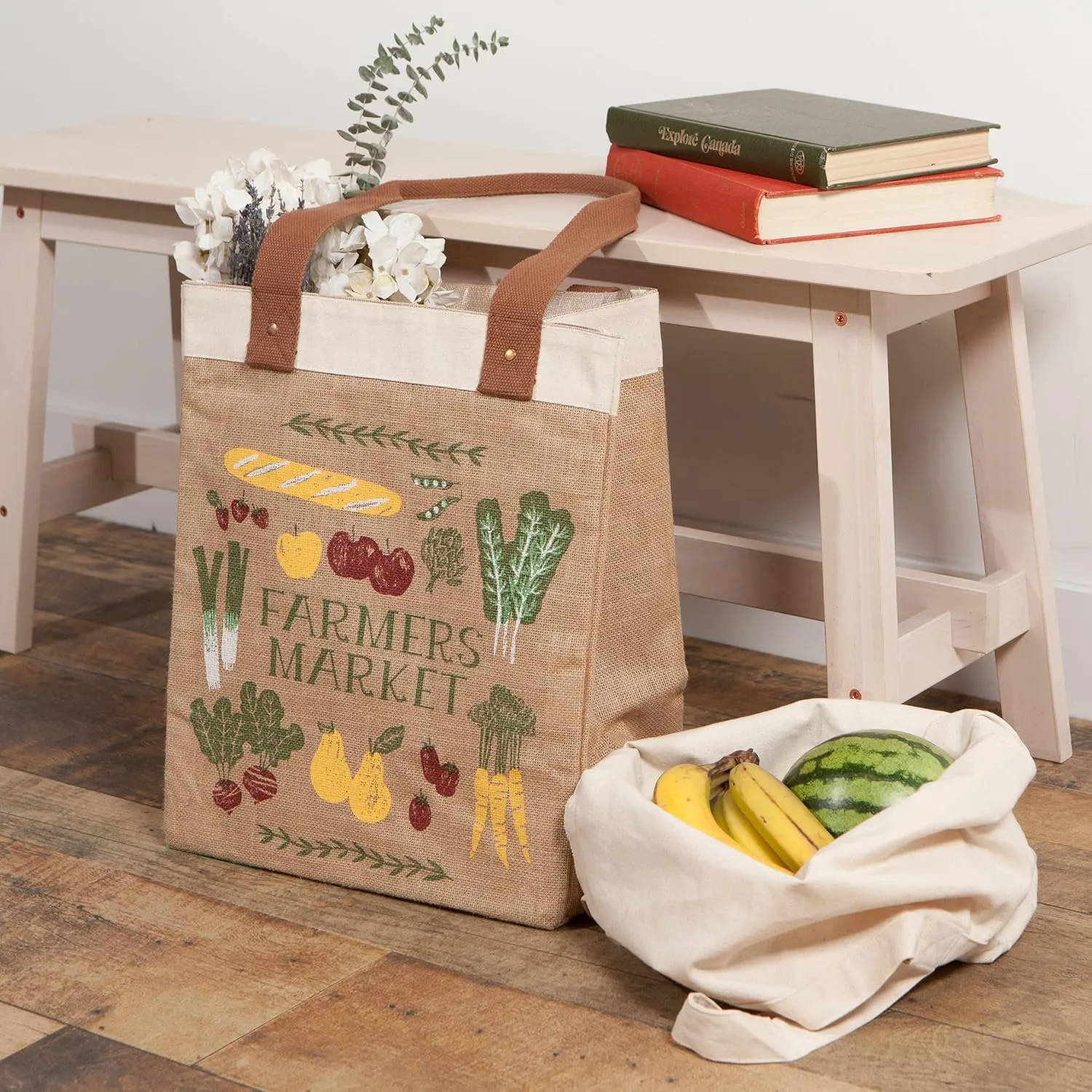 Now Designs Farmers Market Reusable Shopping Tote, Laminated Lining, 13.5x17 x8.5 inch