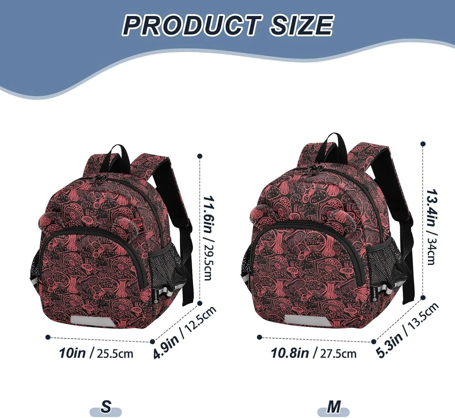 ODAWA Kid Backpacks Trippy Mushrooms Red Black Leash Backpacks with Reflective Strips, Lightweight Backpack for Boys and Girls