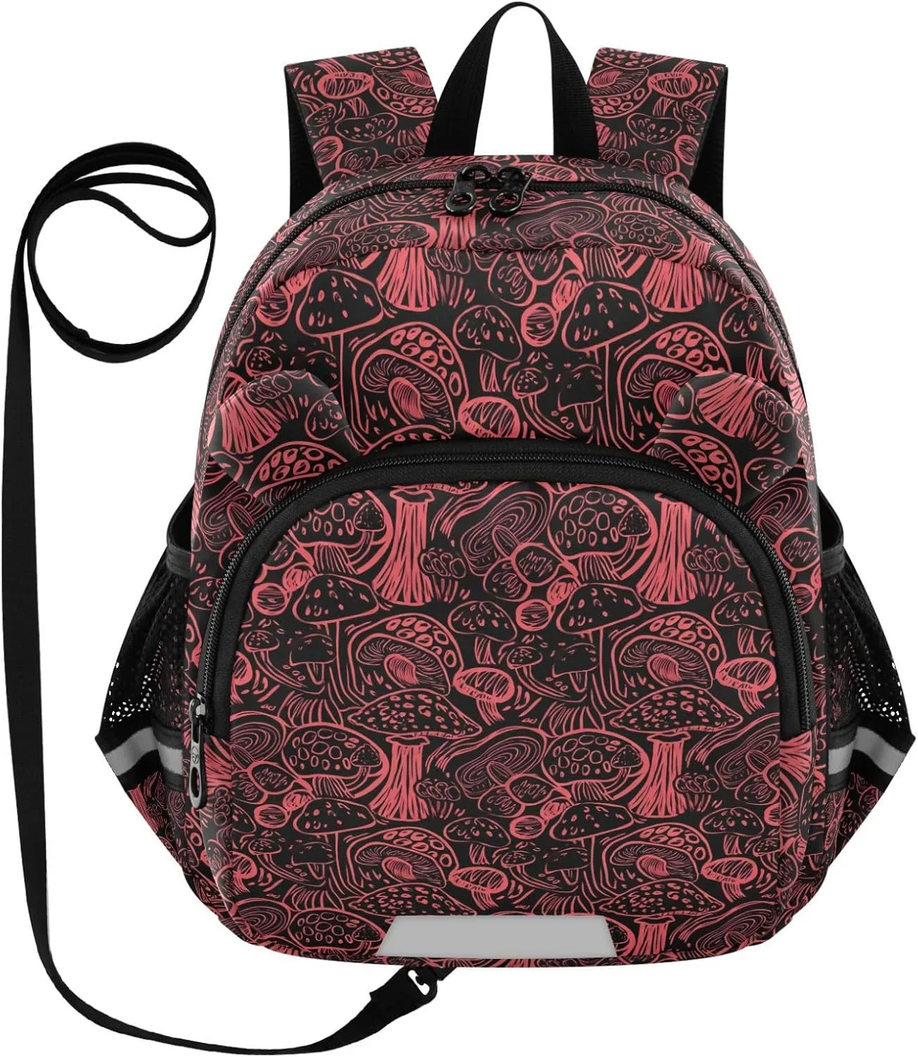 ODAWA Kid Backpacks Trippy Mushrooms Red Black Leash Backpacks with Reflective Strips, Lightweight Backpack for Boys and Girls
