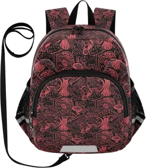 ODAWA Kid Backpacks Trippy Mushrooms Red Black Leash Backpacks with Reflective Strips, Lightweight Backpack for Boys and Girls