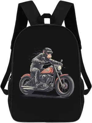 Orangutan Ape Riding Motorcycles 17 Inches Travel Backpacks Funny Shoulder Bag Lightweight Daypack