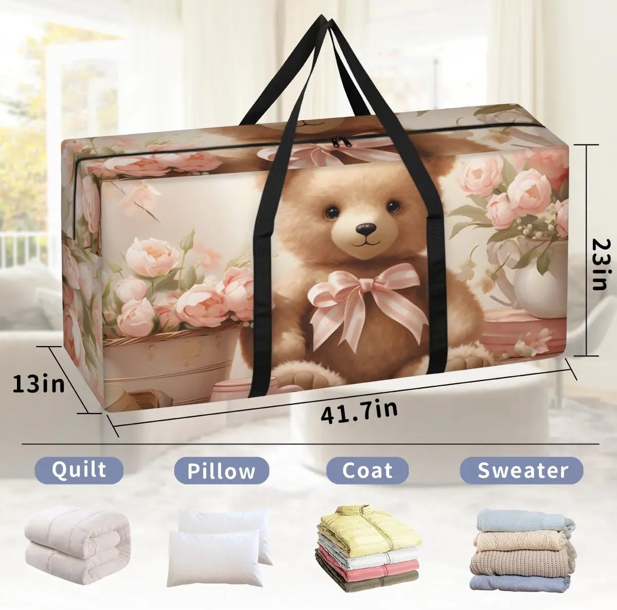 Oversized Moving Bags Bear Cute Flowers Waterproof Storage Totes Large Storage Bags for Clothes Packing Bags for Moving Travel & Clothes Storage