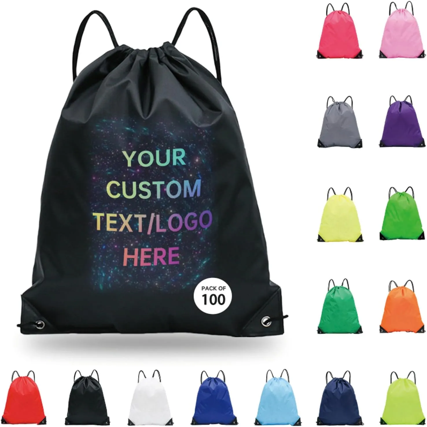 pack of 100 Custom Bags With Your Logo,customized backpack,promotional items,Drawstring Backpacks,Great for Everyday Use (Custom black)