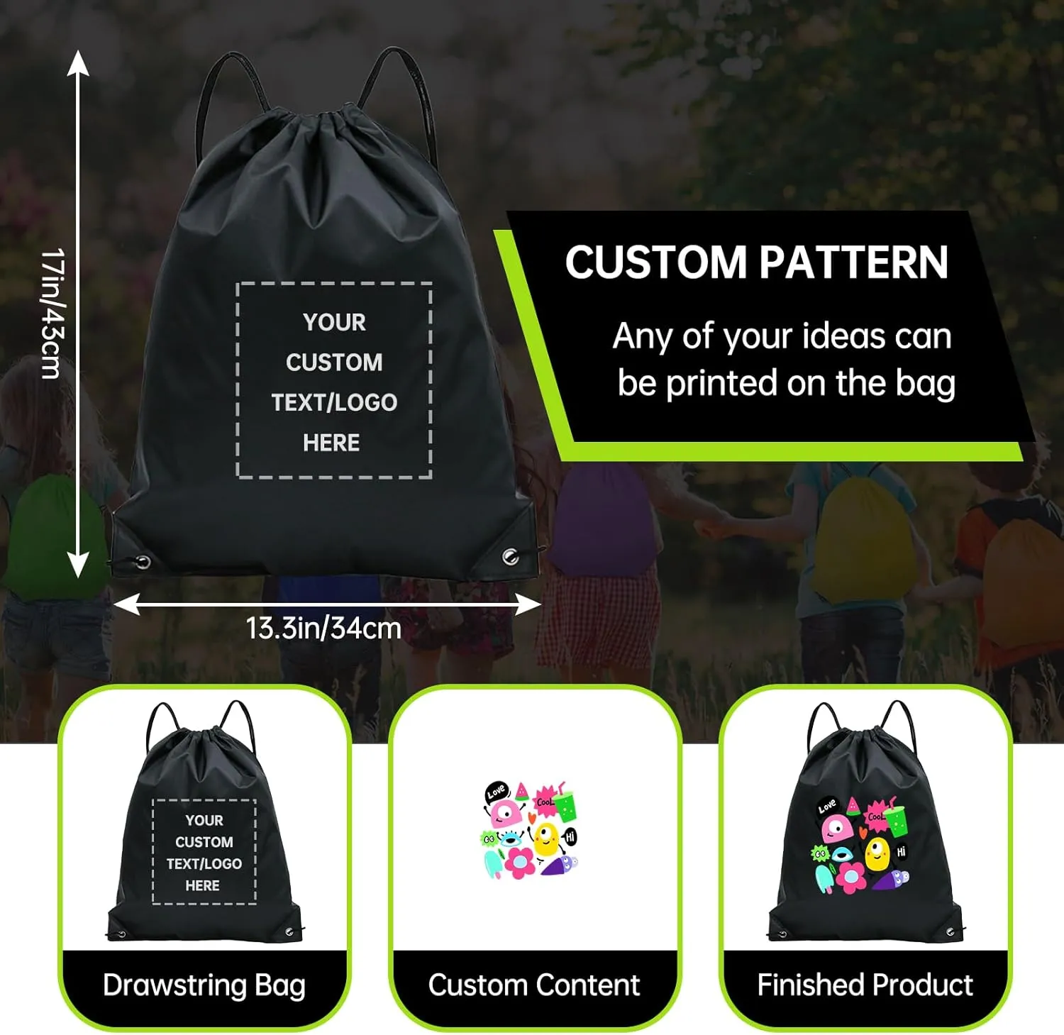pack of 100 Custom Bags With Your Logo,customized backpack,promotional items,Drawstring Backpacks,Great for Everyday Use (Custom black)