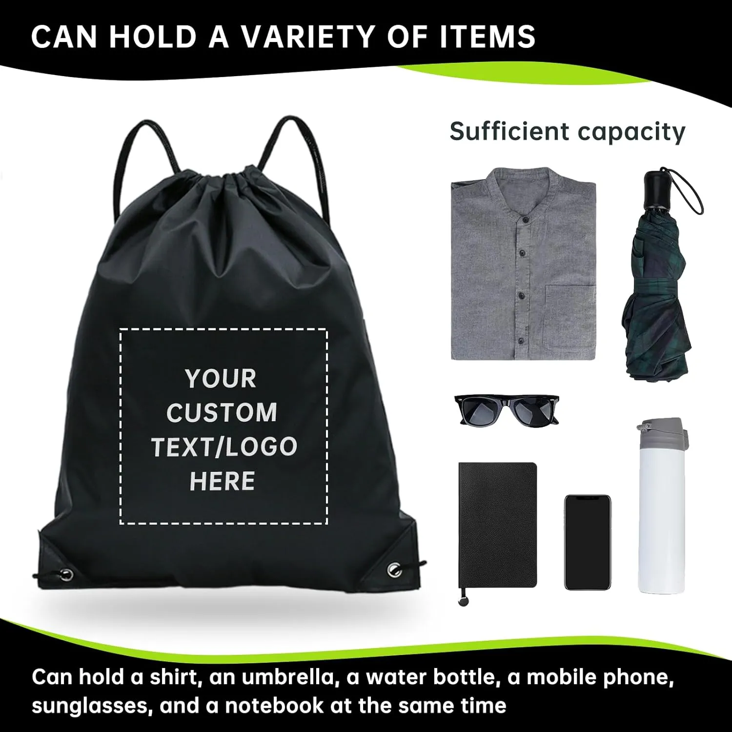 pack of 100 Custom Bags With Your Logo,customized backpack,promotional items,Drawstring Backpacks,Great for Everyday Use (Custom black)