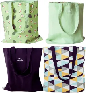 Pack of 2, Reversible Canvas Tote Bags, double-sided, cute, for shopping, lunch, work, picnic, beach, travel and grocery, green and Multi color, sturdy thick and washable