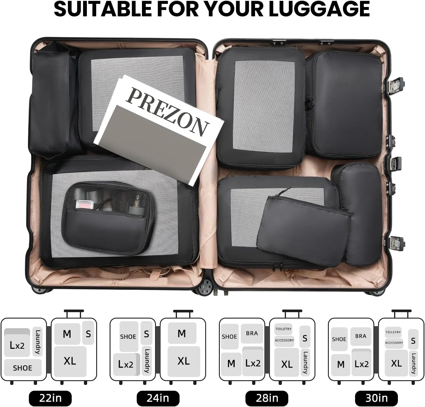Packing Cubes for Travel | 10 Set, 8 Set |Durable Luggage Organizer 4 Size(Extra Large, Large, Medium, Small),Comprehensive Cubes for Toiletry,Underwear, Shoe,Travel Essentials,Efficient Women Gifts