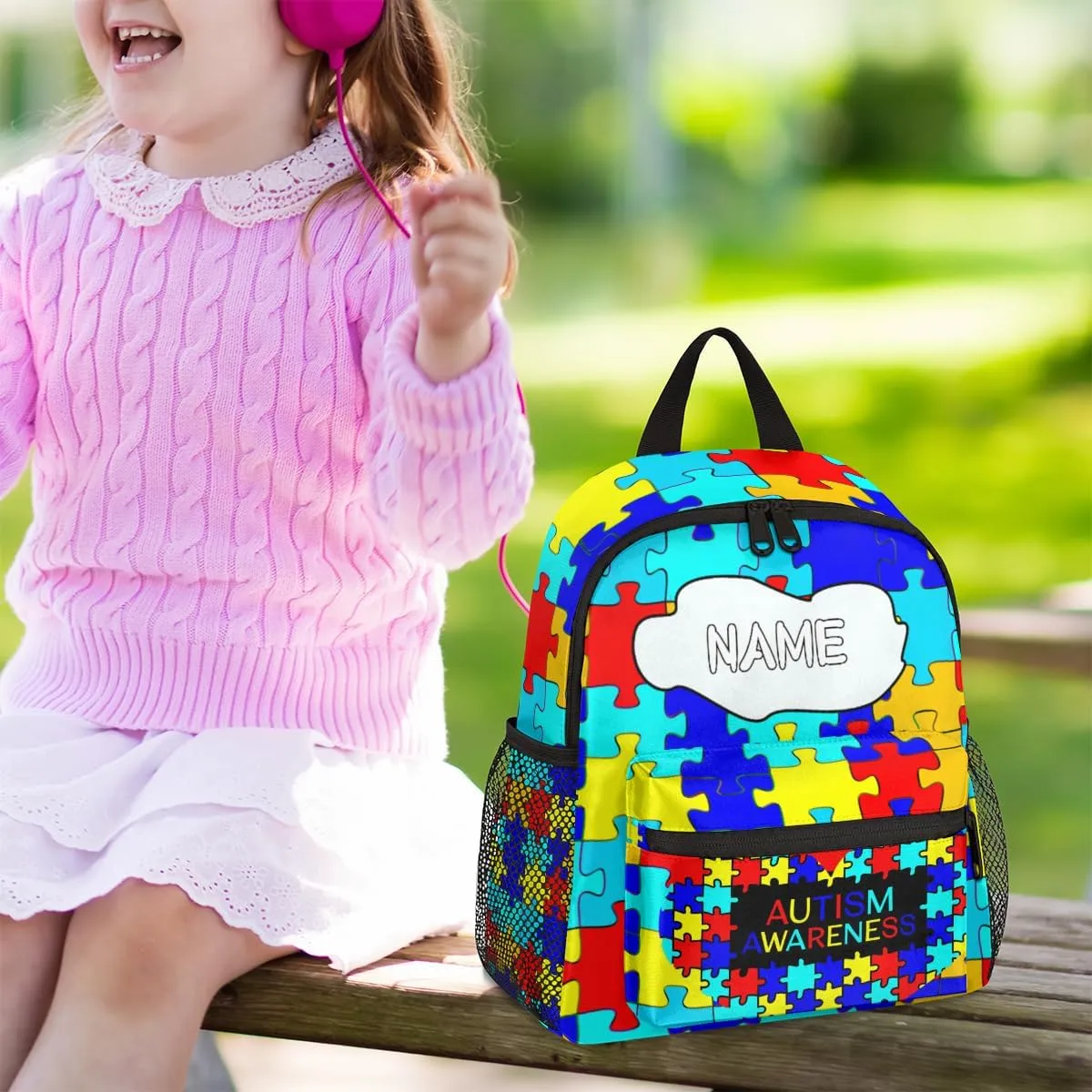 Pardick Personalized Kids Backpack School Bag for Boys, Autism Awareness Custom Toddler Bookbag with Name, Mini Backpack for School & Travel Kindergarten Elementary Bag 12in