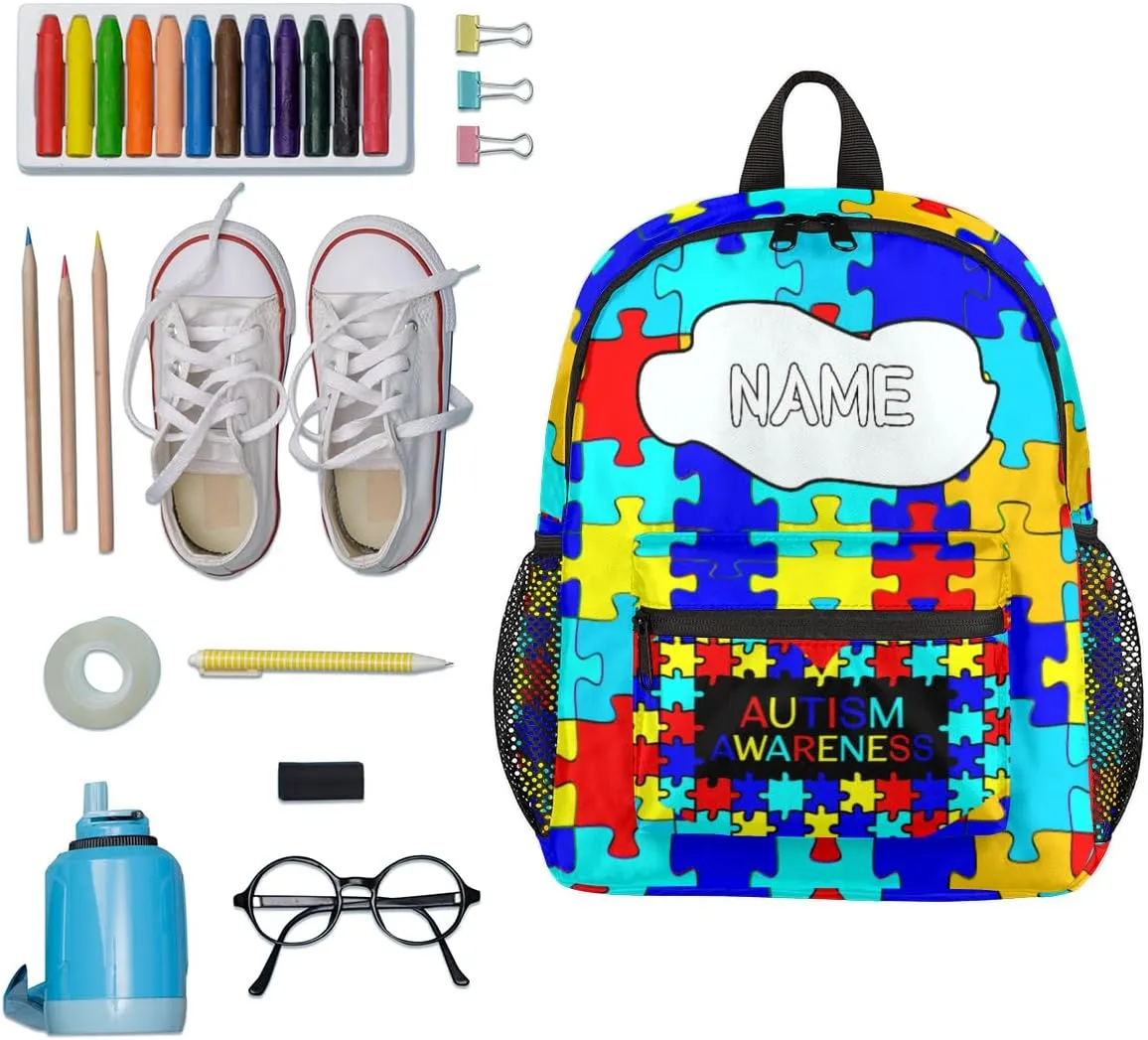 Pardick Personalized Kids Backpack School Bag for Boys, Autism Awareness Custom Toddler Bookbag with Name, Mini Backpack for School & Travel Kindergarten Elementary Bag 12in