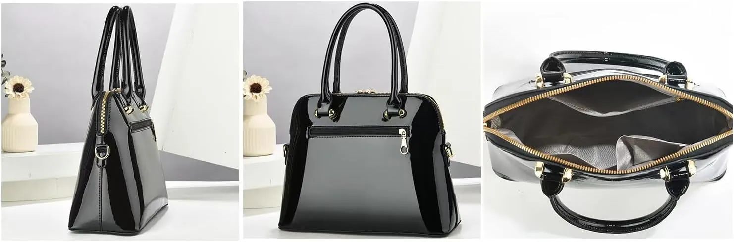 Patent Leather Handbags Shiny Shoulder Bag Elegant Top-handle Purse Come with MINI Clutch for Women