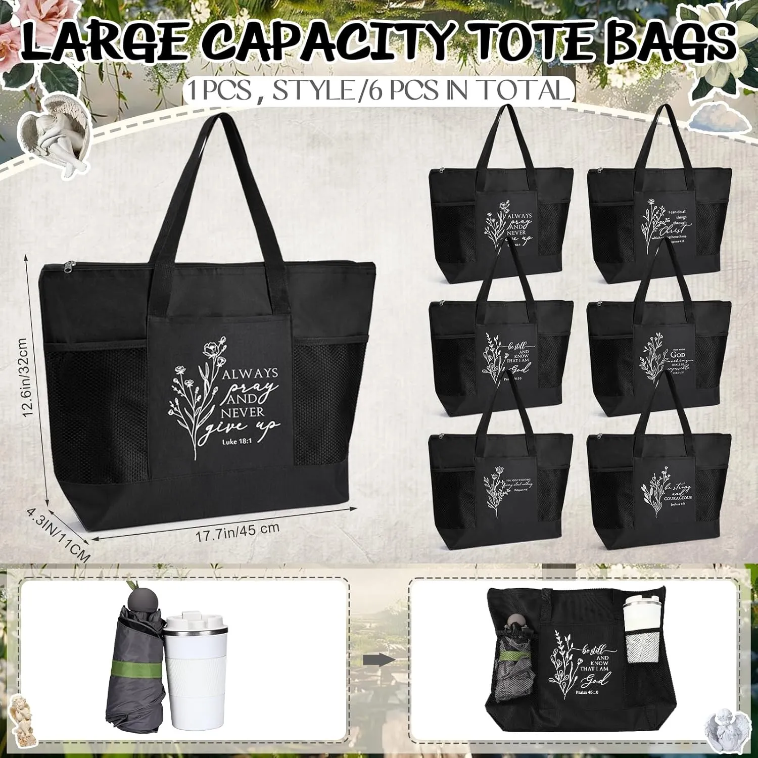 Paterr 6 Pcs Mother's Day Gifts Christian Tote Bags Bulk for Women Church with Zipper Woman Sunday School Teachers Gifts